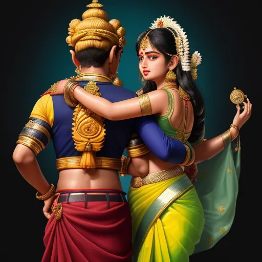 4k photo converter online - a painting of a couple dressed in indian attire dancing together with a black background behind them is a black backdrop, by Raja Ravi Varma