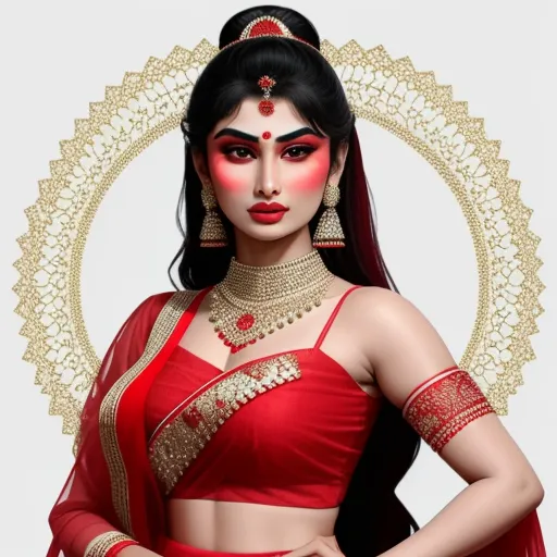 ai based photo enhancer - a woman in a red and gold outfit with a red veil and a red and gold necklace and earrings, by Raja Ravi Varma