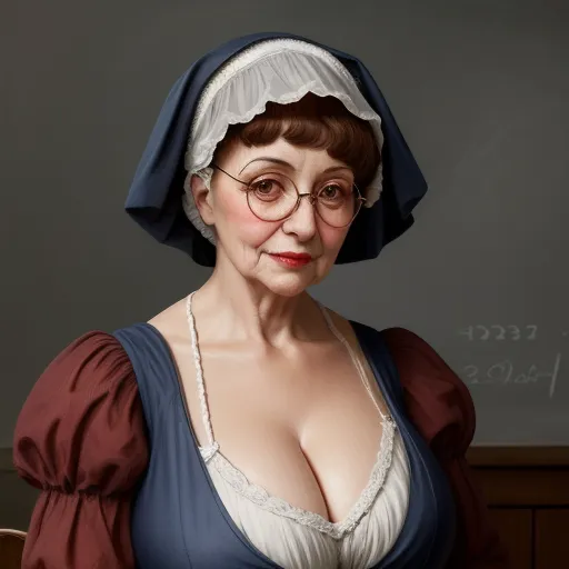 a woman in a blue dress and a white bonnet is posing for a picture in front of a chalkboard, by Raphaelle Peale