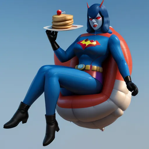 a woman in a blue costume is sitting on a chair with a plate of pancakes on her lap and a cake on a plate, by Terada Katsuya