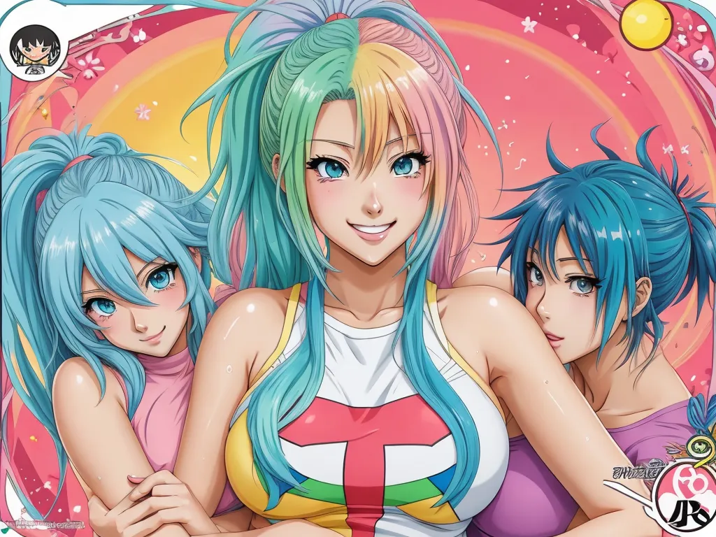 a group of anime girls with blue hair and a cross on their chest and a pink background with a yellow circle, by Akira Toriyama