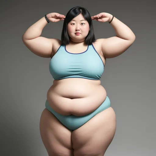 a woman in a blue bikini posing for a picture with her hands on her head and her belly exposed, by Terada Katsuya