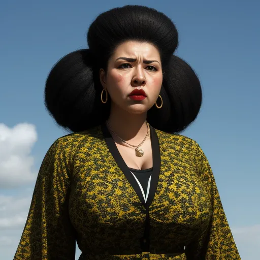 low quality photos - a woman with a large afro and a necklace on her neck and a black top on her head, standing in front of a blue sky, by Billie Waters