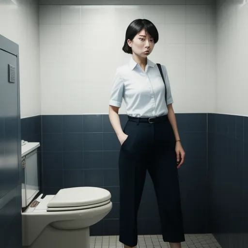 a woman standing in a bathroom next to a toilet and a sink with a mirror on the wall above it, by Terada Katsuya
