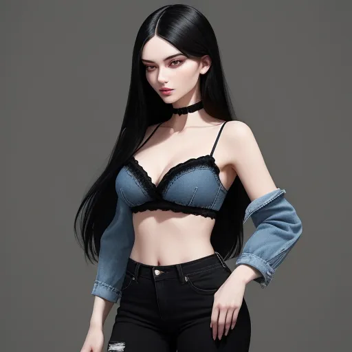 increase resolution of photo - a woman in a bra top and jeans posing for a picture with her hands on her hips and her hands on her hips, by Chen Daofu