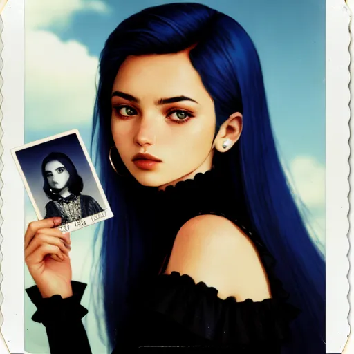 images hd free - a woman with blue hair holding a picture of herself with a picture of herself in her hand and a picture of herself in her other hand, by Terada Katsuya