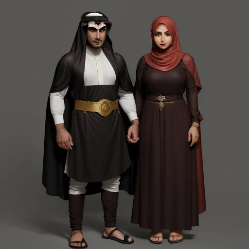 high resolution images - a man and woman dressed in medieval costumes, standing next to each other, both wearing sandals and a head scarf, by Pixar Concept Artists