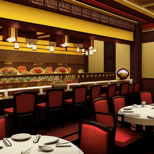 free online upscaler - a restaurant with a long table and red chairs and a buffet area with food on the table and a large screen, by NHK Animation