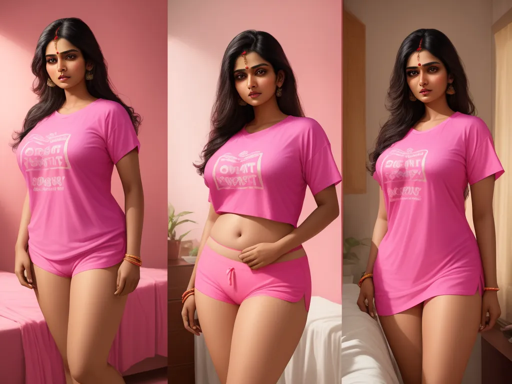photo converter - a woman in a pink shirt and shorts posing for a picture in a pink room with a pink wall, by Raja Ravi Varma