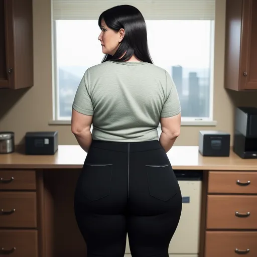 a woman in tight pants standing in front of a window in a kitchen with a window behind her and a window behind her, by Billie Waters