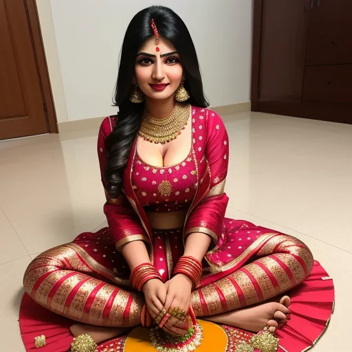 a woman in a red and gold outfit sitting on the floor with a cake in her hand and a smile on her face, by Raja Ravi Varma