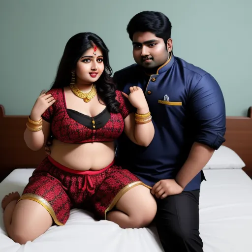 make image hd free - a man and woman posing on a bed together for a picture in a bedroom with a blue wall behind them, by Botero