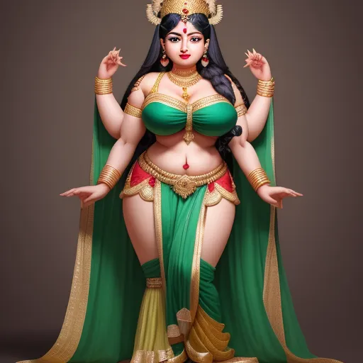 ai that creates any picture - a woman in a green and gold costume with a crown on her head and hands in her hair, standing in front of a gray background, by Raja Ravi Varma