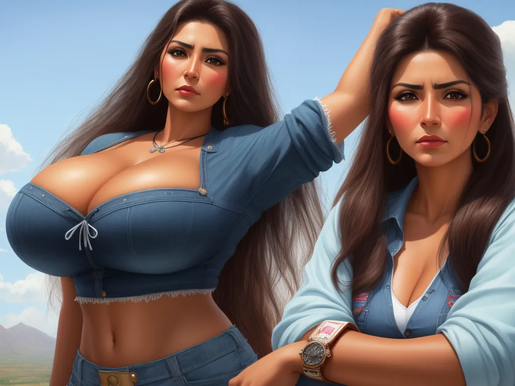 a painting of two women with big breastes and a watch on their wrist bands, both of them are wearing blue, by Hanna-Barbera