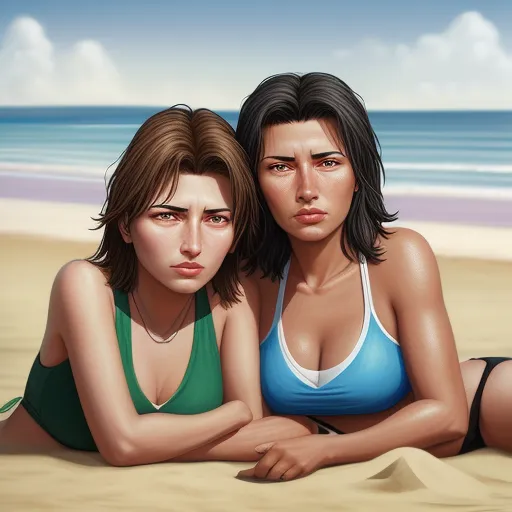 upscaler - two women sitting on a beach next to each other on the sand and water in the background, with a sky and clouds, by Lois van Baarle