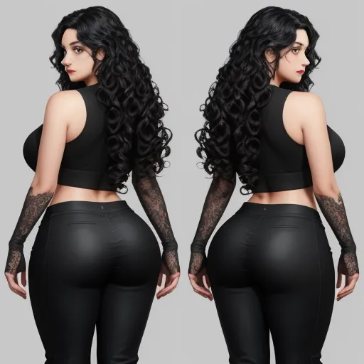 best free ai image generator - a woman in black pants and a black top with long hair and a black top with laces on it, by Hendrik van Steenwijk I