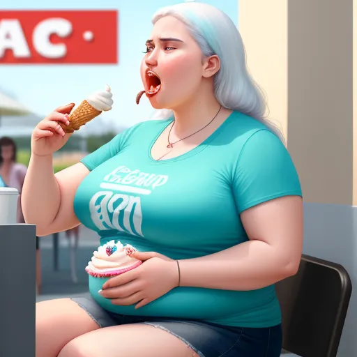 a woman sitting on a bench eating a cupcake and ice cream cone in front of a taco shop, by Lois van Baarle