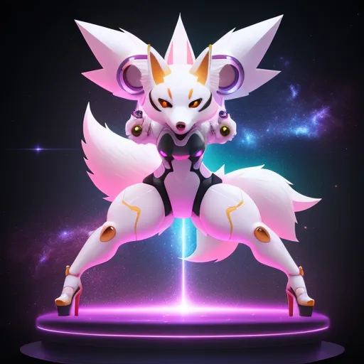 ai generated images from text - a cartoon character with a futuristic look and a furry tail, standing on a platform with a glowing background, by Terada Katsuya