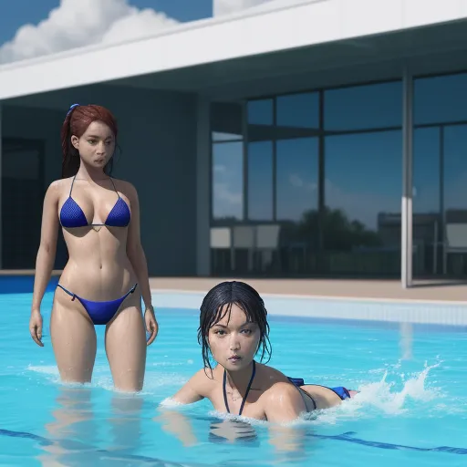 upscale images - a woman in a bikini standing next to a woman in a bikini in a pool of water with a building in the background, by Terada Katsuya