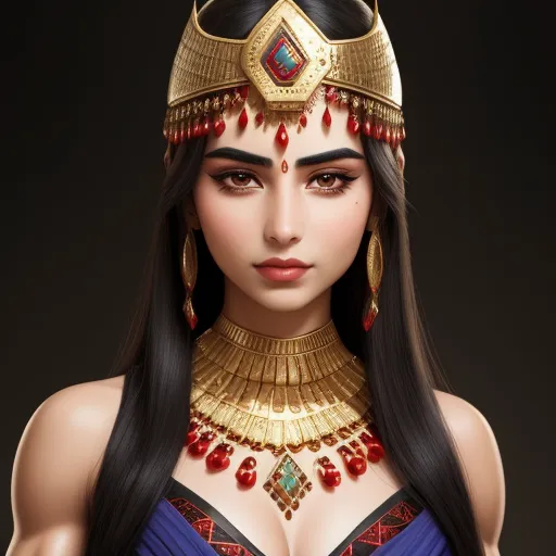 word to image generator - a woman wearing a costume made of gold and red beads and jewels, with long hair and a crown on her head, by Chen Daofu