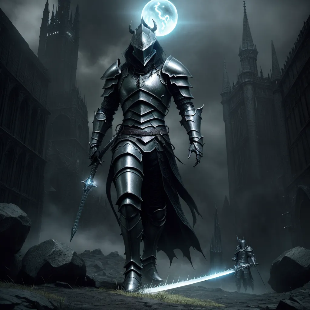 ai image generator from image - a knight in a dark castle with a glowing orb on his head and a sword in his hand, standing in front of a dark castle, by Kentaro Miura