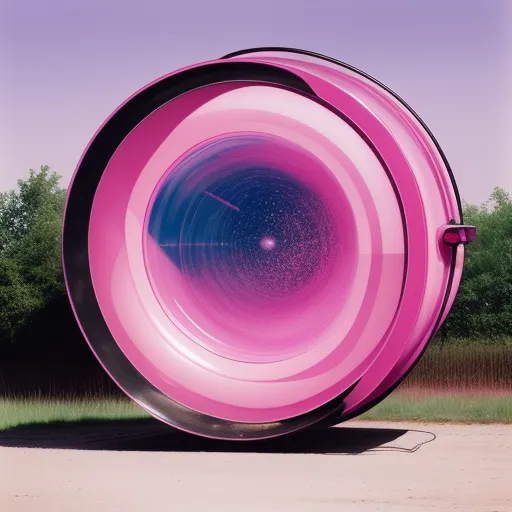 a large pink object sitting on top of a cement road next to a forest of trees and grass on a sunny day, by Jun Kaneko