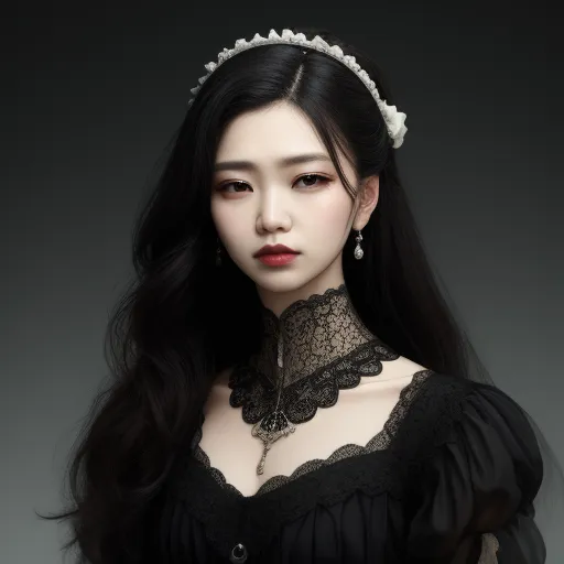 a woman with long black hair wearing a black dress and a tiara with pearls on it's head, by Chen Daofu