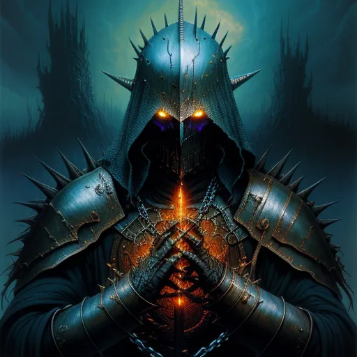 a painting of a man in armor with spikes on his head and eyes glowing in the dark, with a blue background, by Heinrich Danioth