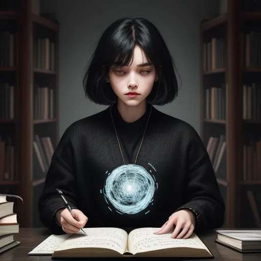 a woman sitting at a table with a book and pen in her hands and a glowing orb in the middle of her book, by Alessio Albi