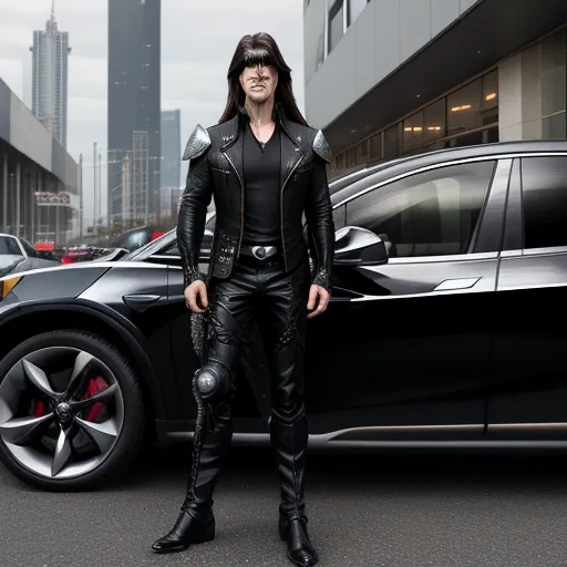 ai image maker - a man in a black leather outfit standing next to a black car in a city street with tall buildings, by Kent Monkman