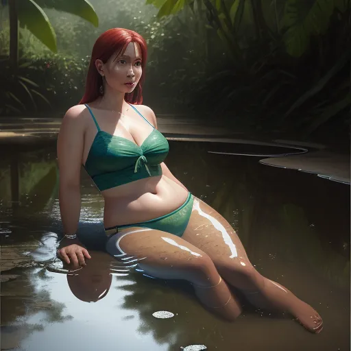 a woman in a bikini sitting in a pool of water with her legs crossed and her body covered in water, by Edmond Xavier Kapp