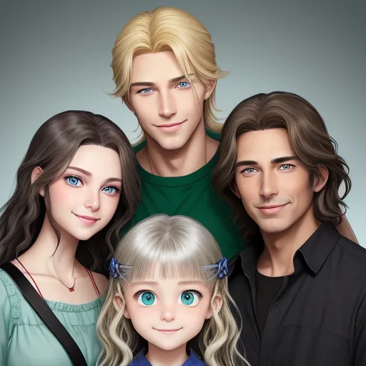 a family portrait of a man, woman, and child with blue eyes and blonde hair, and a green shirt, by Studio Ghibli