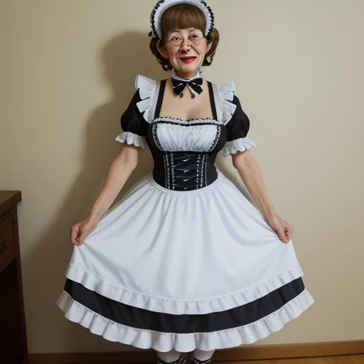 ai image genorator - a woman in a white dress and black apron posing for a picture with her hands on her hips and smiling, by Billie Waters
