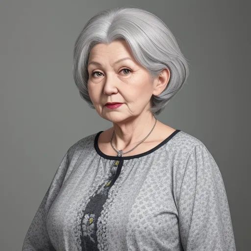 image convert - a woman with grey hair and a black shirt on a gray background with a black and white background and a gray background, by Andrey Remnev