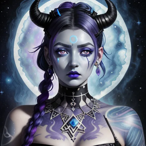 a woman with horns and a blue dress with a moon in the background and a crescent behind her head, by Tom Bagshaw