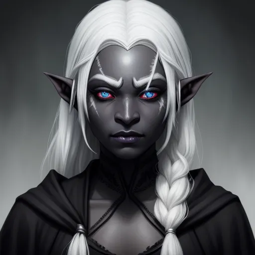 pixel to inches conversion - a woman with white hair and blue eyes wearing a black outfit and braids with red eyes and a black outfit, by Daniela Uhlig