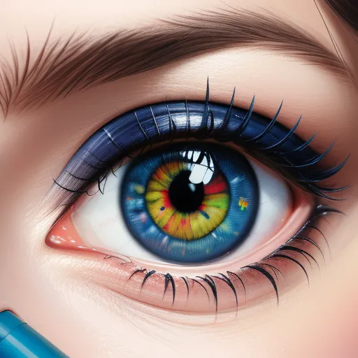 a close up of a person's eye with a pencil in their eyeliners and a colorful eye, by Daniela Uhlig