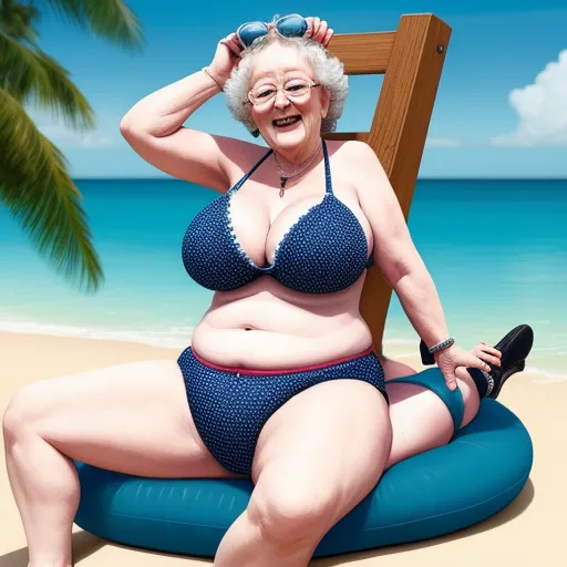 a.i. pictures: man sits on chubby granny in bikini.