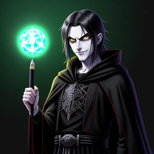 word to image generator - a man in a black robe holding a green light up wand and a black robe on his shoulders and a black robe on his shoulder, by Eishōsai Chōki