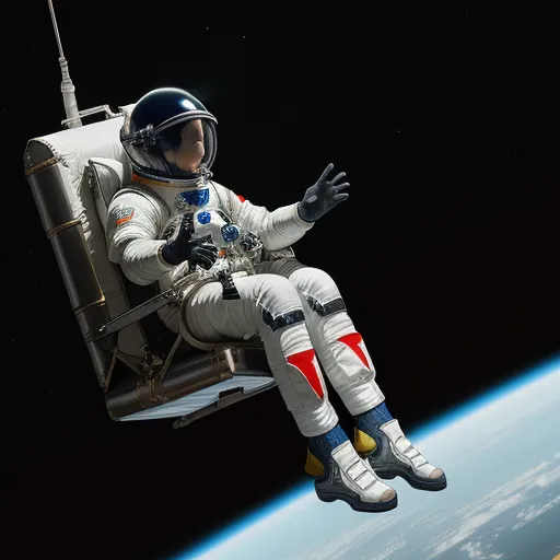 a man in a space suit is floating in the air above the earth and holding a pole in his hand, by Jeremy Geddes