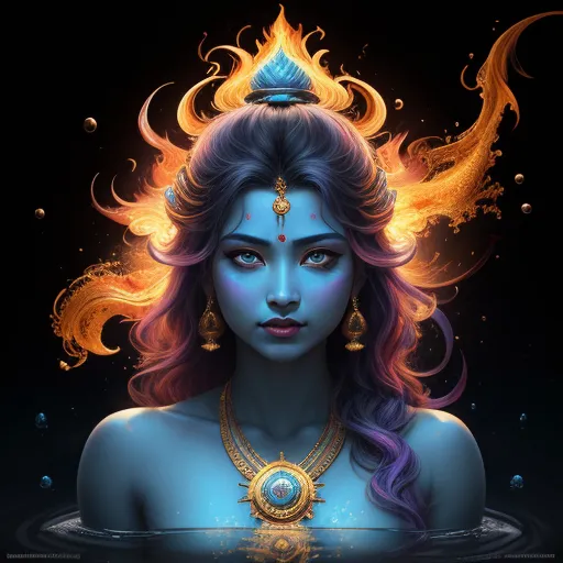 high resolution image - a woman with a blue face and a gold necklace on her head, with a firey hair and a blue body, by Lois van Baarle