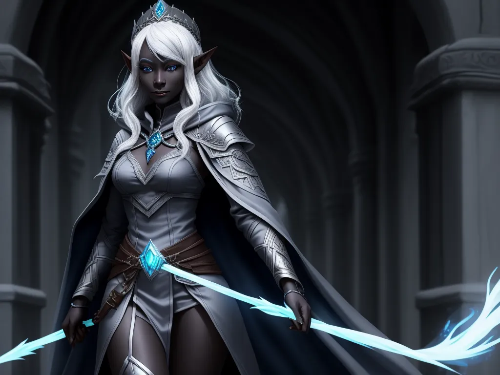ai image upscale - a woman in a white outfit holding a sword and wearing a blue cape and caped coat with a blue arrow, by Lois van Baarle