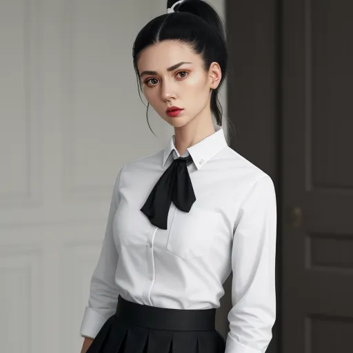 high quality photos online - a woman in a white shirt and black skirt with a black tie on her neck and a ponytail in her hair, by Hsiao-Ron Cheng