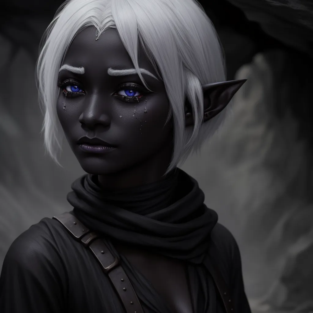 a woman with white hair and blue eyes wearing a black outfit and a black scarf with horns and horns, by Lois van Baarle