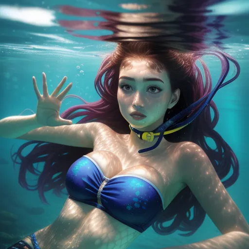 a woman in a bikini under water with a snorkele on her head and a yellow ring around her neck, by Cyril Rolando