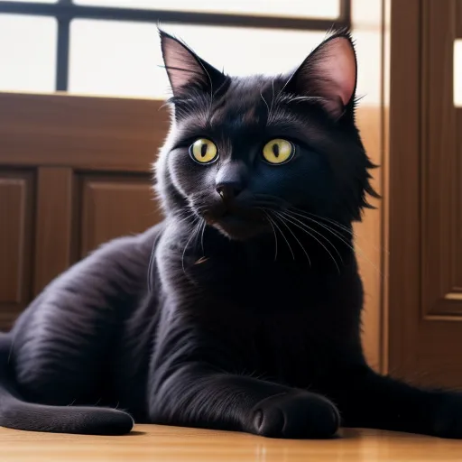 ai text to image generator - a black cat sitting on a wooden floor looking at the camera with a curious look on its face and yellow eyes, by Studio Ghibli