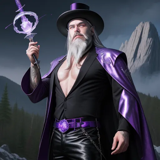 a man in a purple cape holding a wand and a purple hat on his head and a purple robe on his body, by David LaChapelle