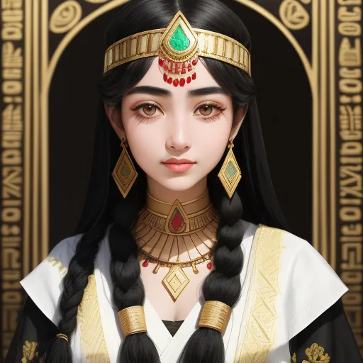 a woman with long black hair wearing a gold and green headpiece and a necklace with a green stone, by Chen Daofu