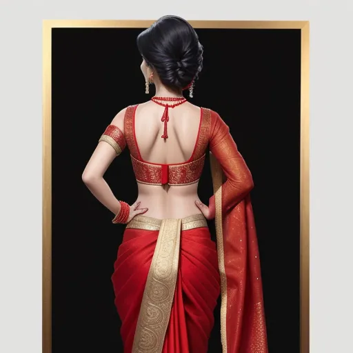 a woman in a red sari with a gold border and a gold border on the back of her sari, by Raja Ravi Varma