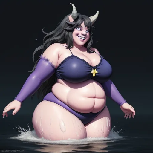 a cartoon character in a purple bikini and horned horns is in the water with her hands on her hips, by Rebecca Sugar